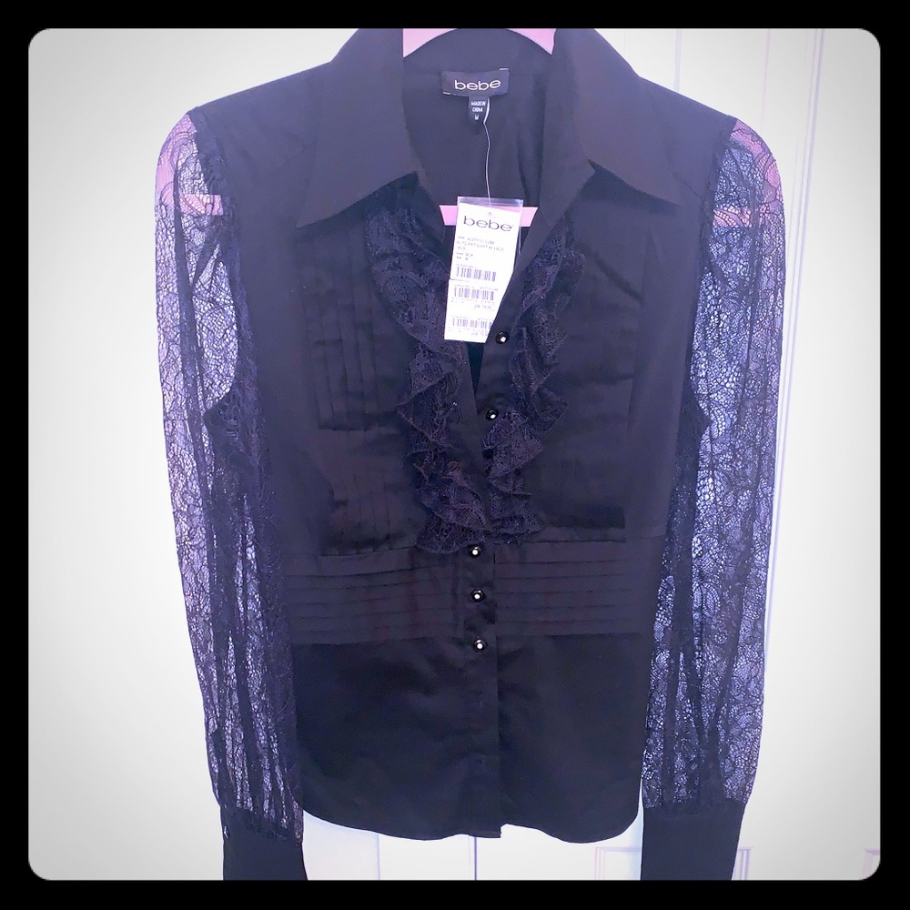 Bebe Pleated Front Shirt with Lace